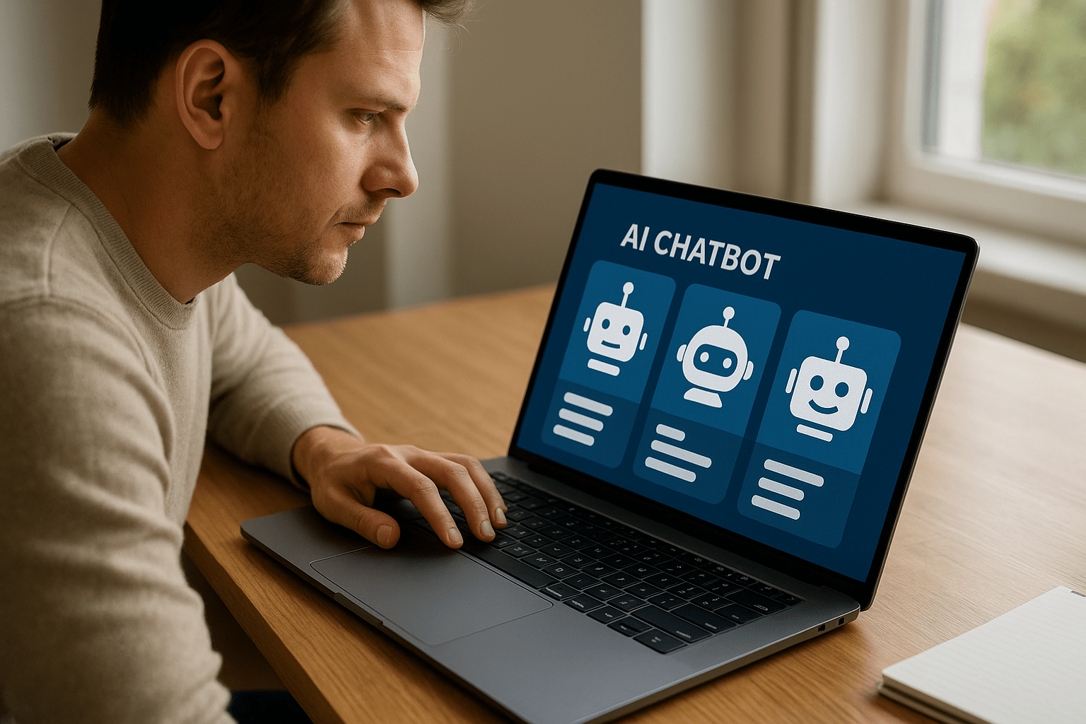 Egy férfi figyelmesen nézi a laptopján az AI chatbotok összehasonlítását.