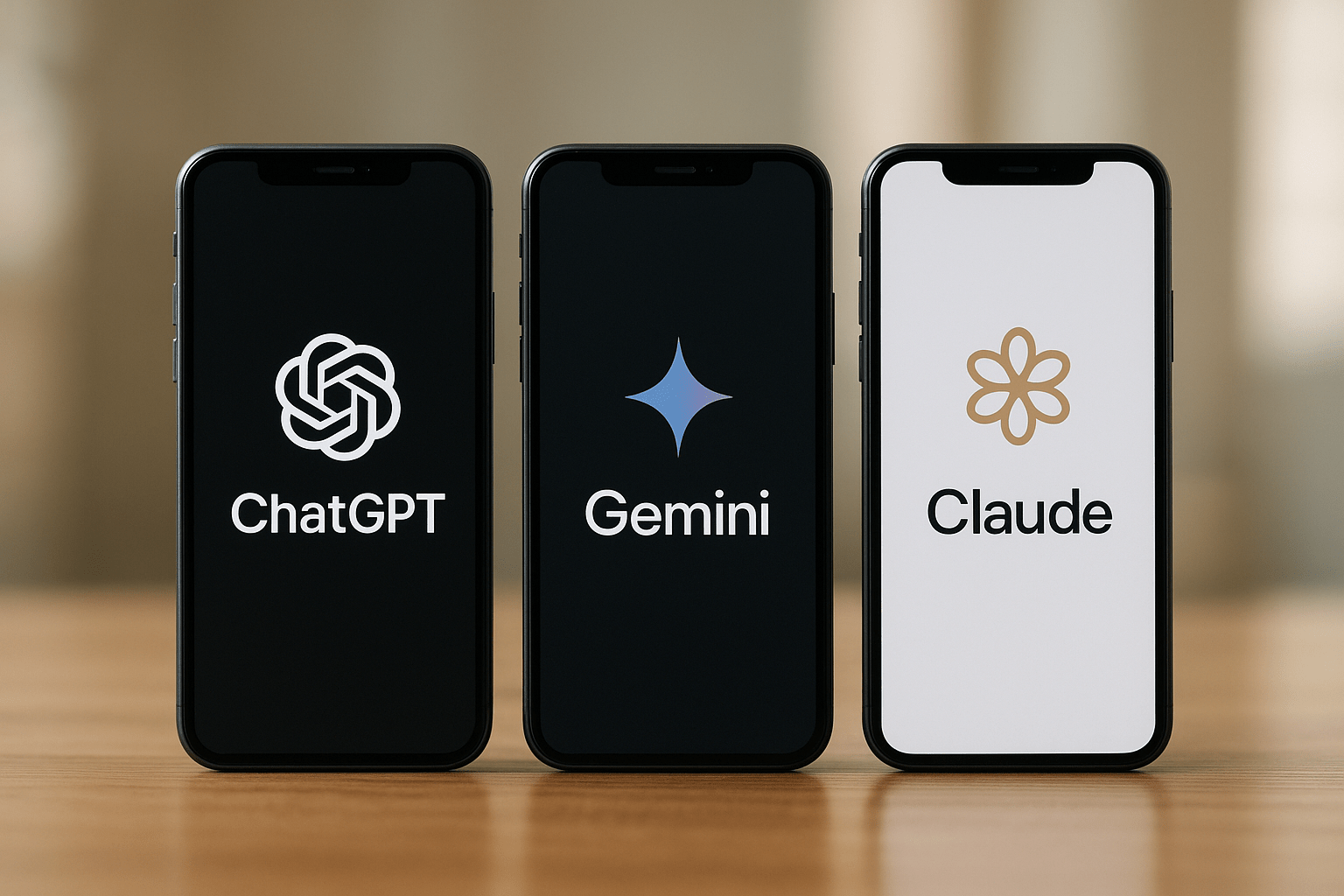 Három okostelefon képernyőjén a ChatGPT, Gemini és Claude logói láthatók.