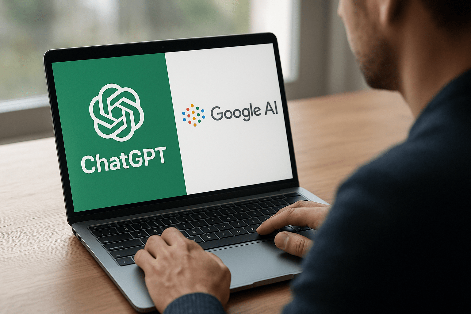 Egy férfi laptopján a ChatGPT és a Google AI logója látható.