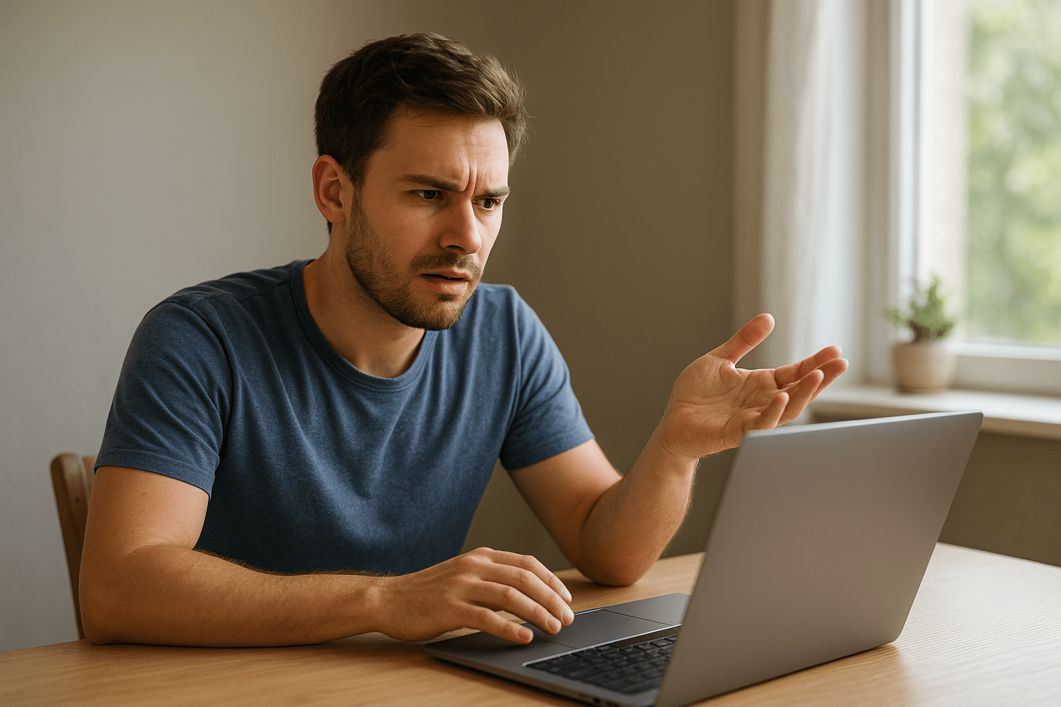 Egy fiatal férfi értetlenkedve néz a laptopjára, miközben furcsa kérdéseket tesz fel.