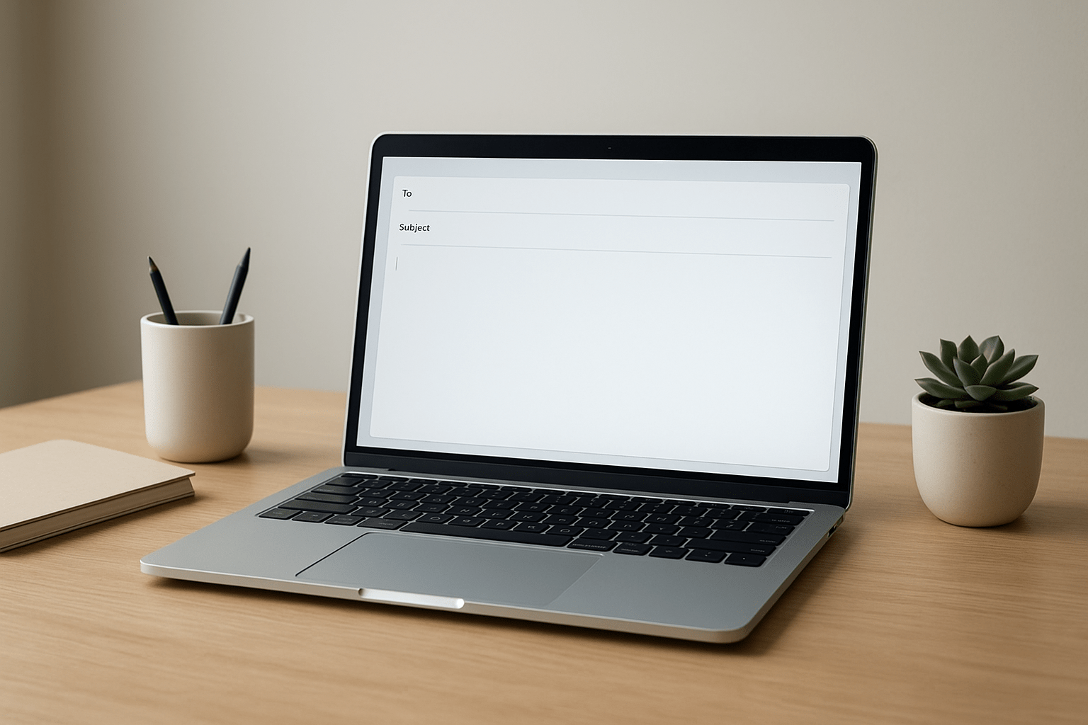 Egy laptop képernyője, amelyen üres e-mail sablon látható, íróasztalon.