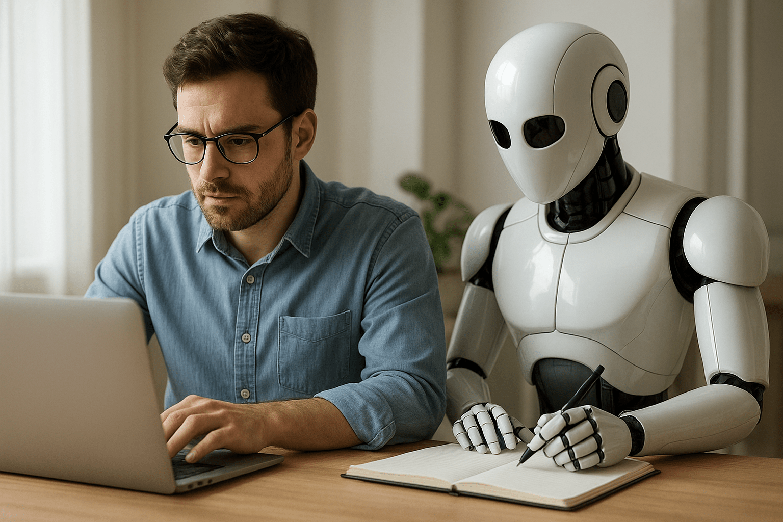 Egy férfi laptopon dolgozik, mellette egy robot jegyzetel.