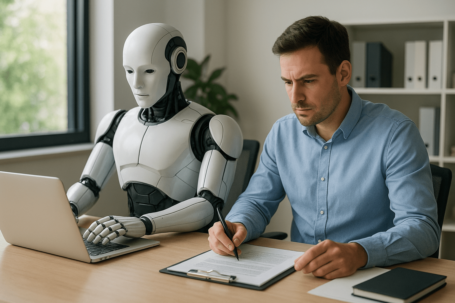 Egy robot és egy férfi együtt dolgozik egy irodai környezetben, számítógépen és papíron.