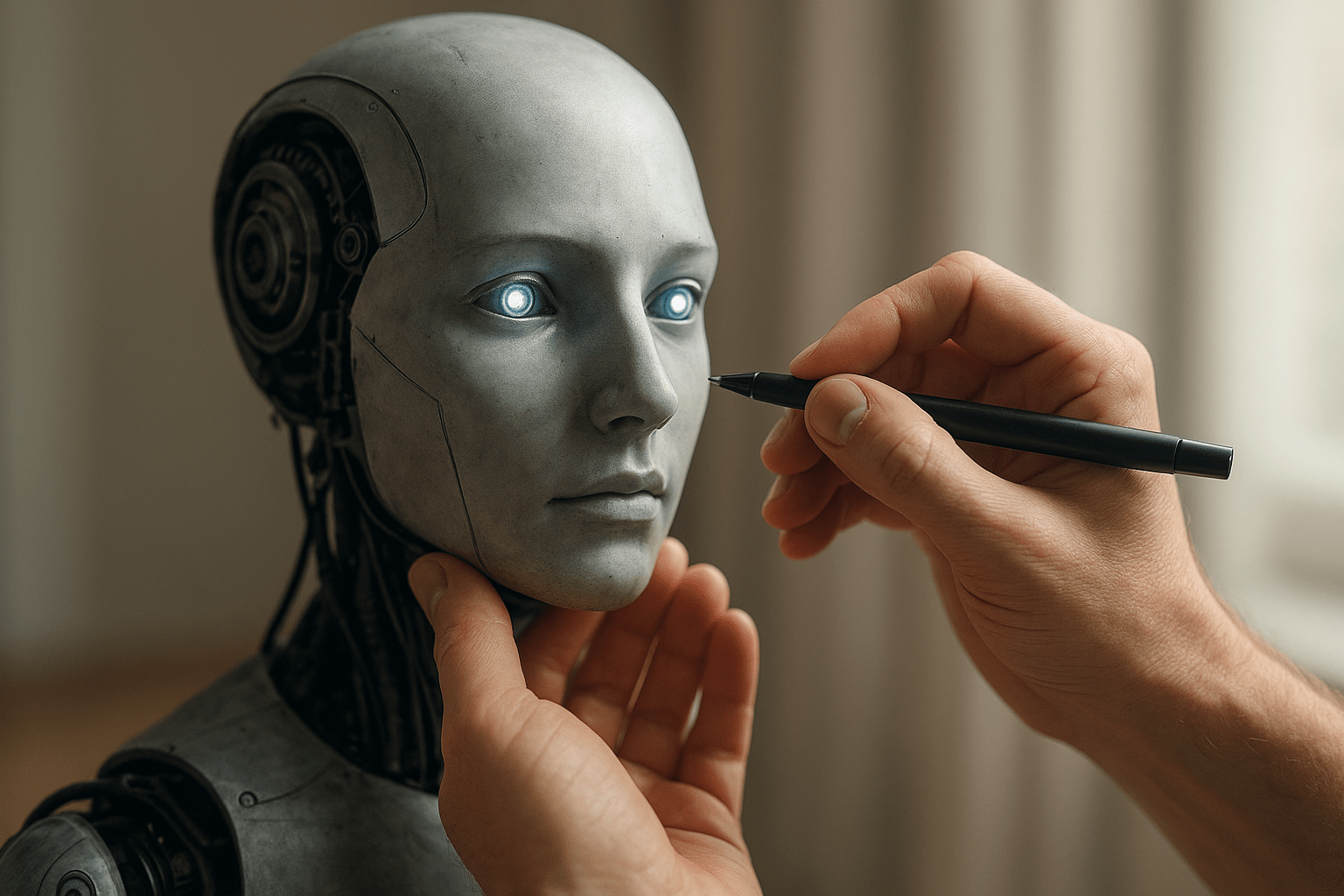 Egy emberi kéz egy robot arcát formázza, amelynek kék fényű szemei vannak.
