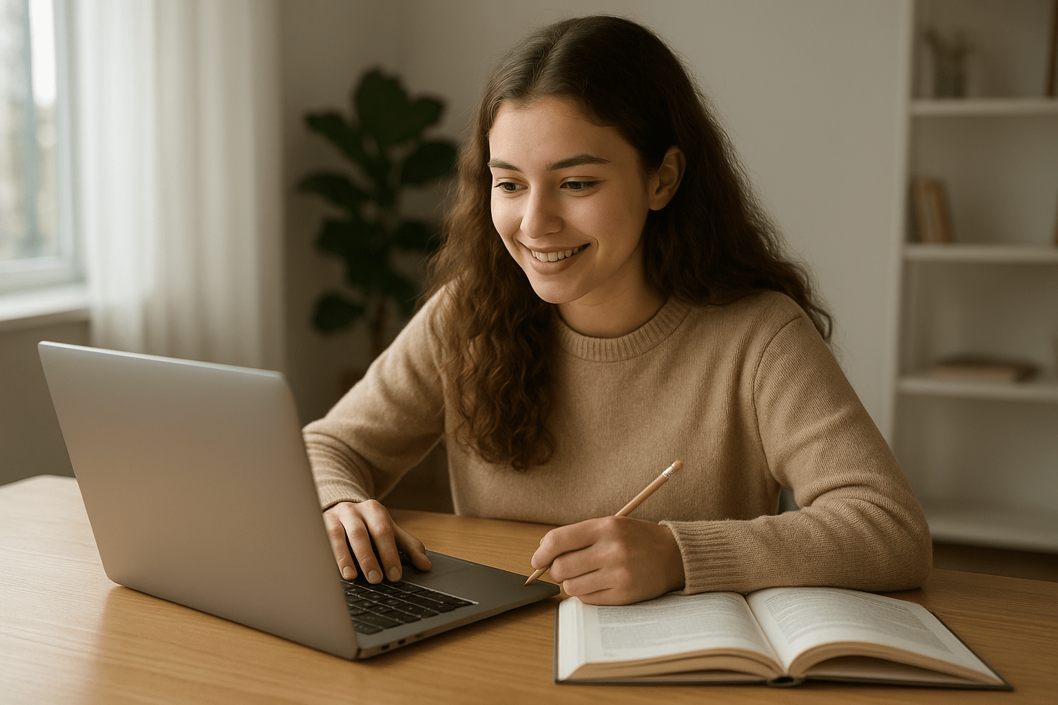 Egy diák mosolyogva tanul a laptopja előtt, jegyzetel egy könyv mellett.