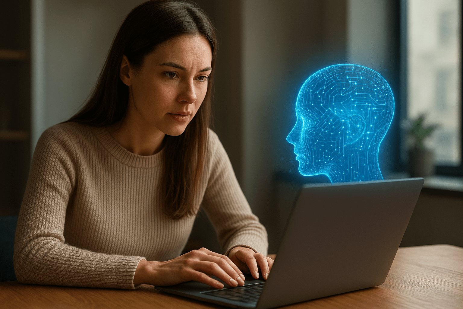 Egy nő figyelmesen nézi a laptopját, mellette egy holografikus AI fej látható.