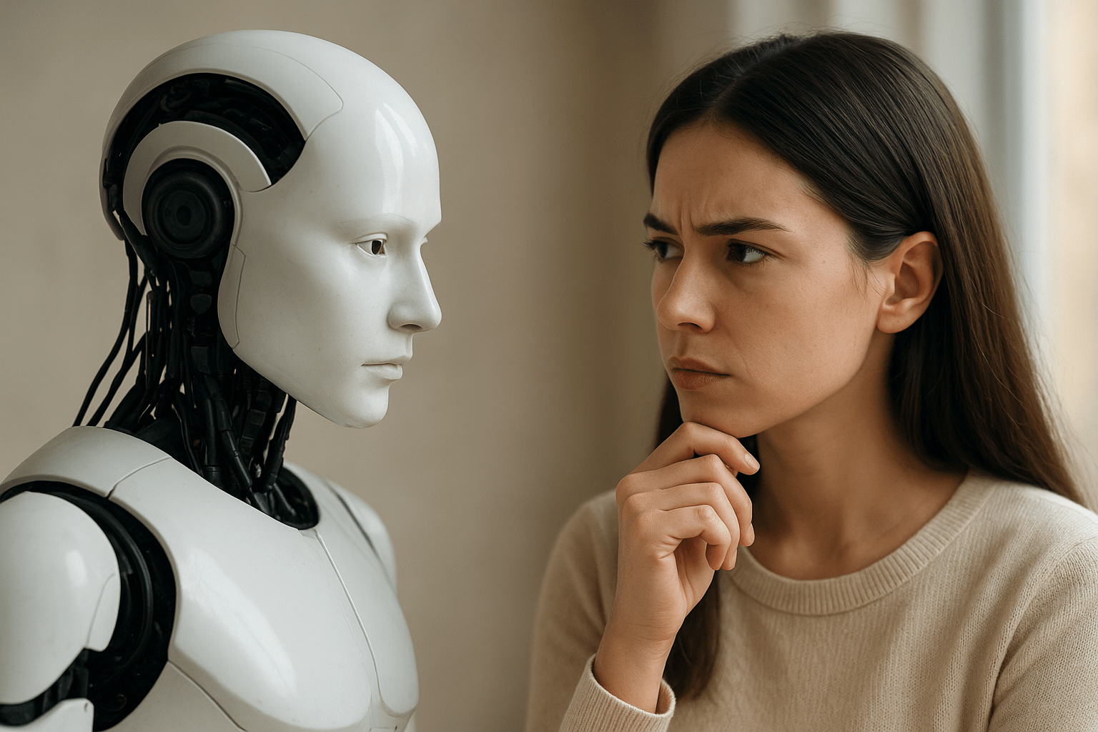 Egy nő és egy humanoid robot néz egymásra, a nő gondolkodó arckifejezéssel.