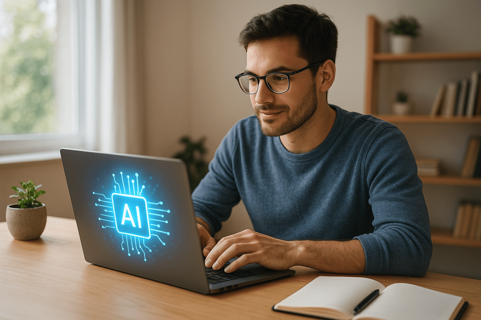 Egy fiatal férfi laptopon dolgozik, amelyen az AI logója látható.