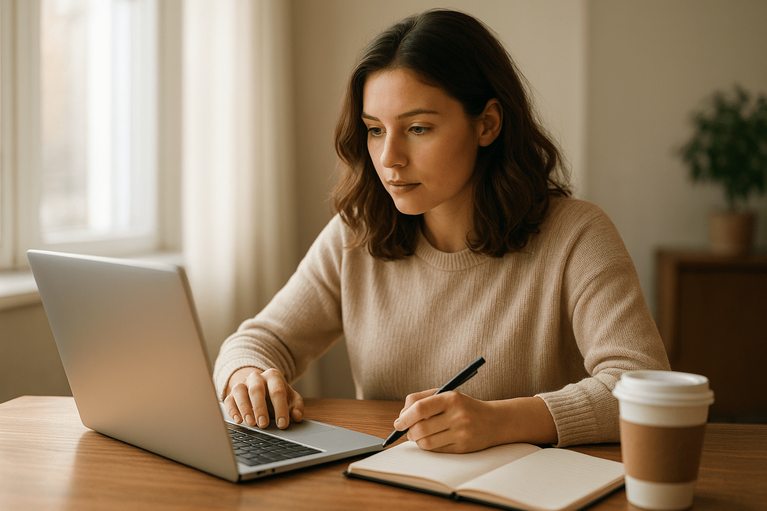Egy fiatal nő laptop előtt ül, jegyzetel egy füzetbe, kávéval az asztalon.