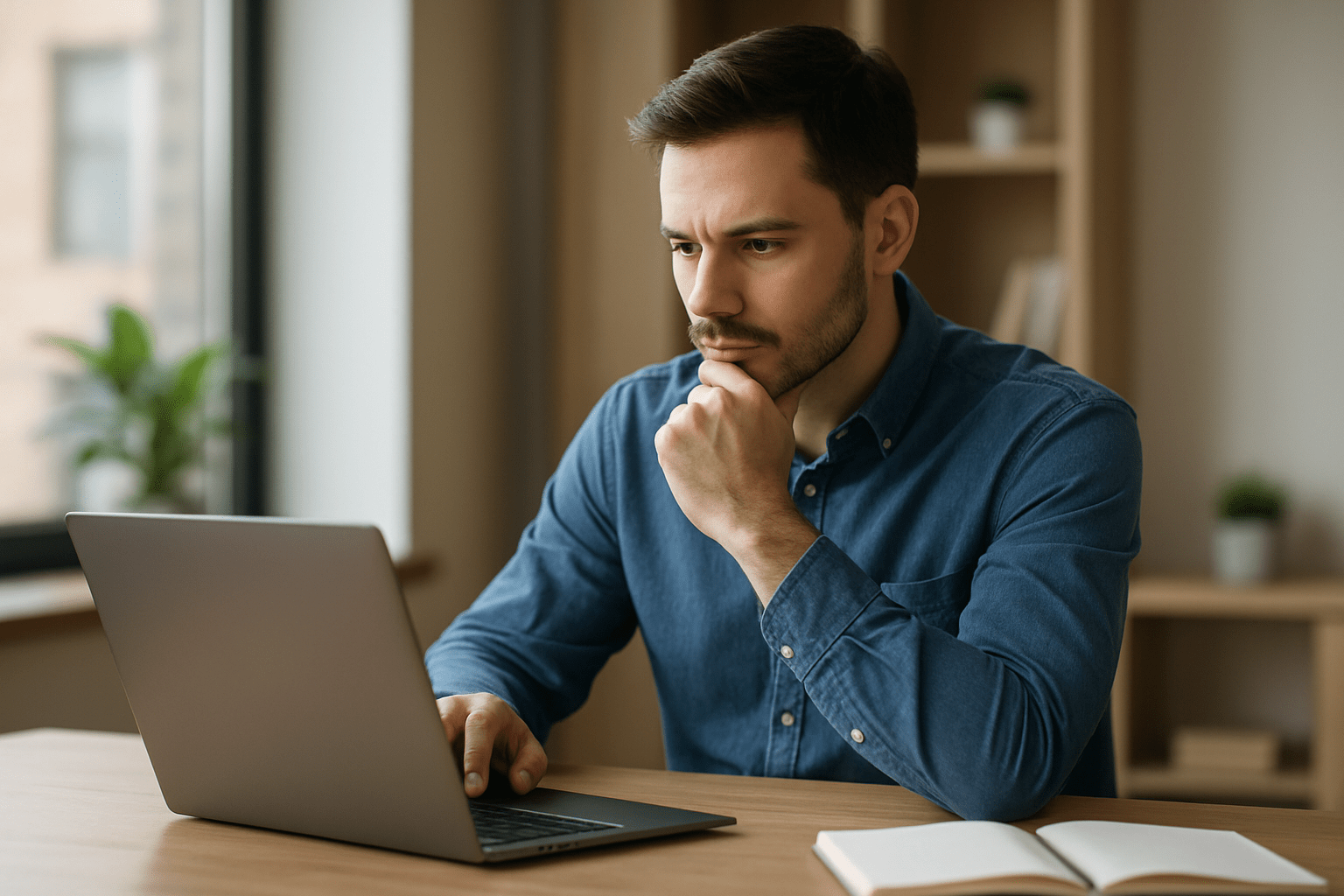 Egy férfi gondolkodva nézi a laptopját, miközben a digitális marketing lehetőségein töpreng.
