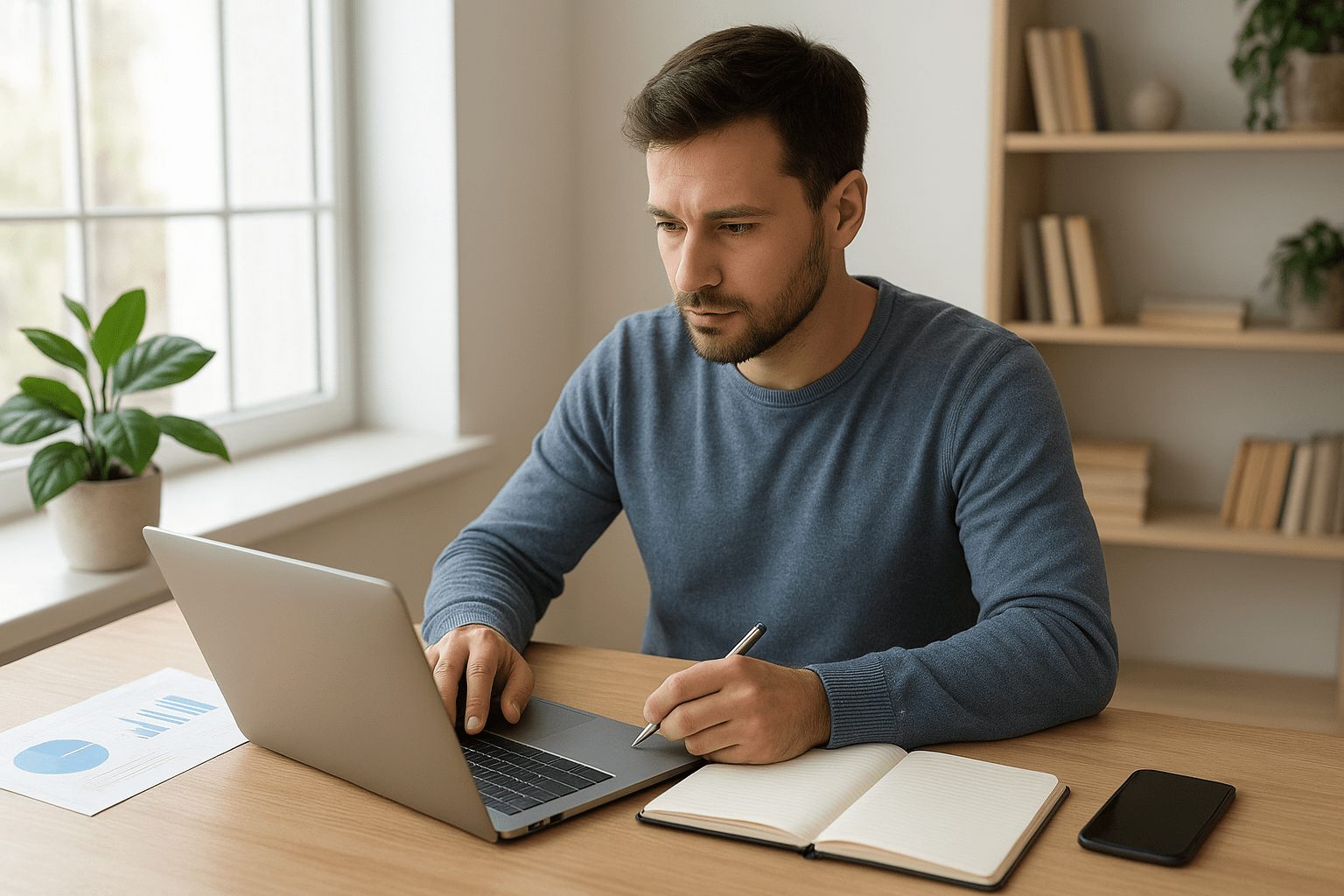 Egy férfi laptop előtt ül, jegyzetel és elemzi az adatokat.