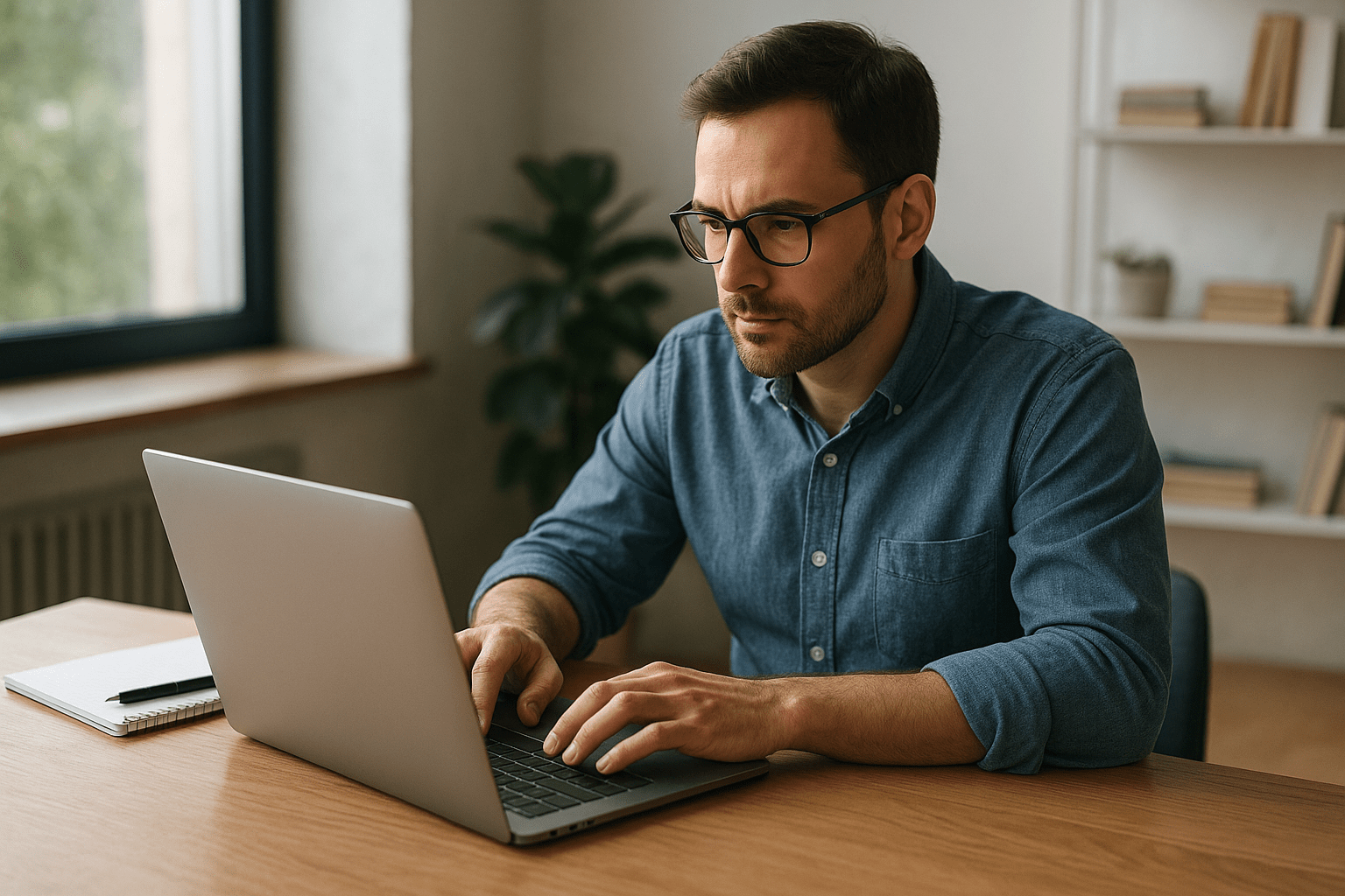 Egy férfi a laptopján dolgozik, figyelmesen nézve a képernyőt.