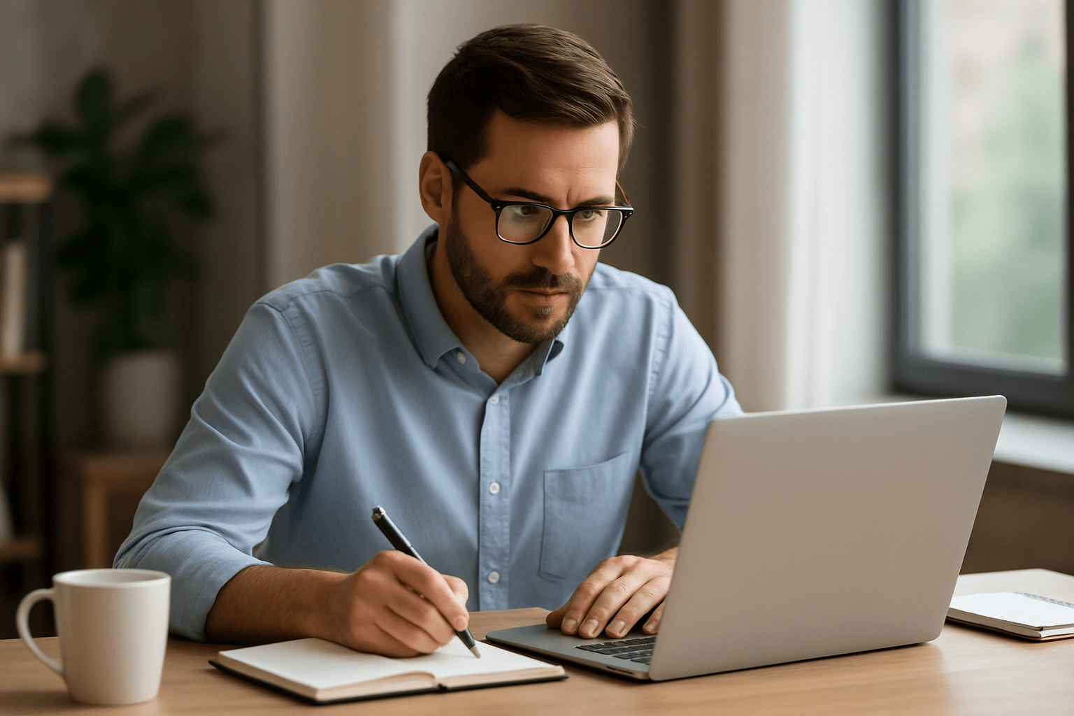 Egy fiatal férfi laptop előtt ül, jegyzetel és koncentrál a munkájára.