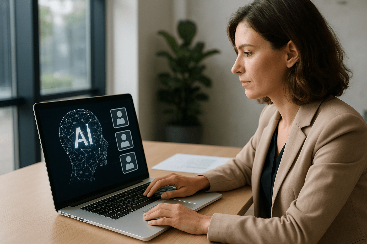 Egy nő számítógépen dolgozik, az AI technológia alkalmazásával a munkaerő-kiválasztásban.