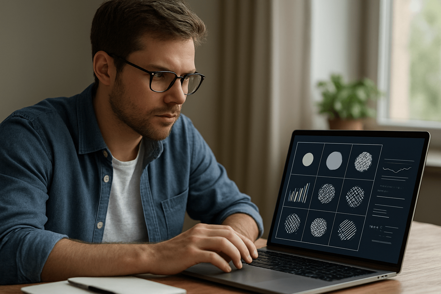 Egy fiatal férfi laptop előtt ül, adatmintákat elemző grafikonokat néz.