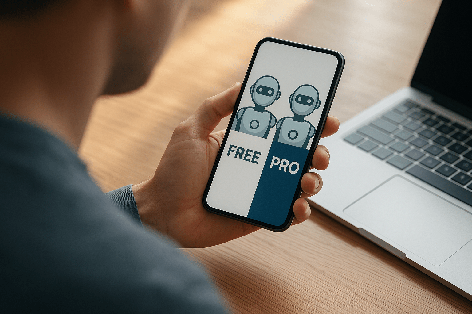 Egy férfi okostelefonján a 'FREE' és 'PRO' feliratú robotok láthatók, utalva az AI eszközök közötti választásra.
