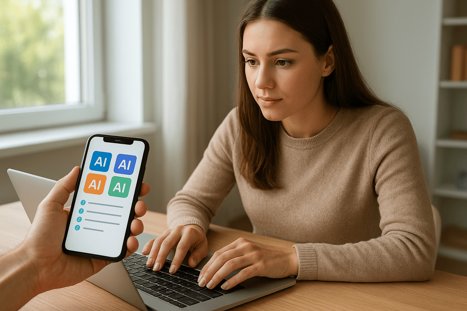 Egy nő a laptopján dolgozik, miközben egy telefonon AI alkalmazásokat néz.