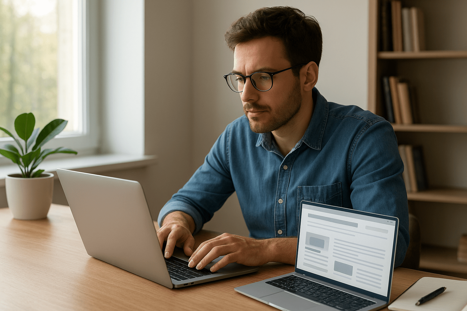 Egy férfi laptopon dolgozik, miközben egy másik laptop képernyője látható.