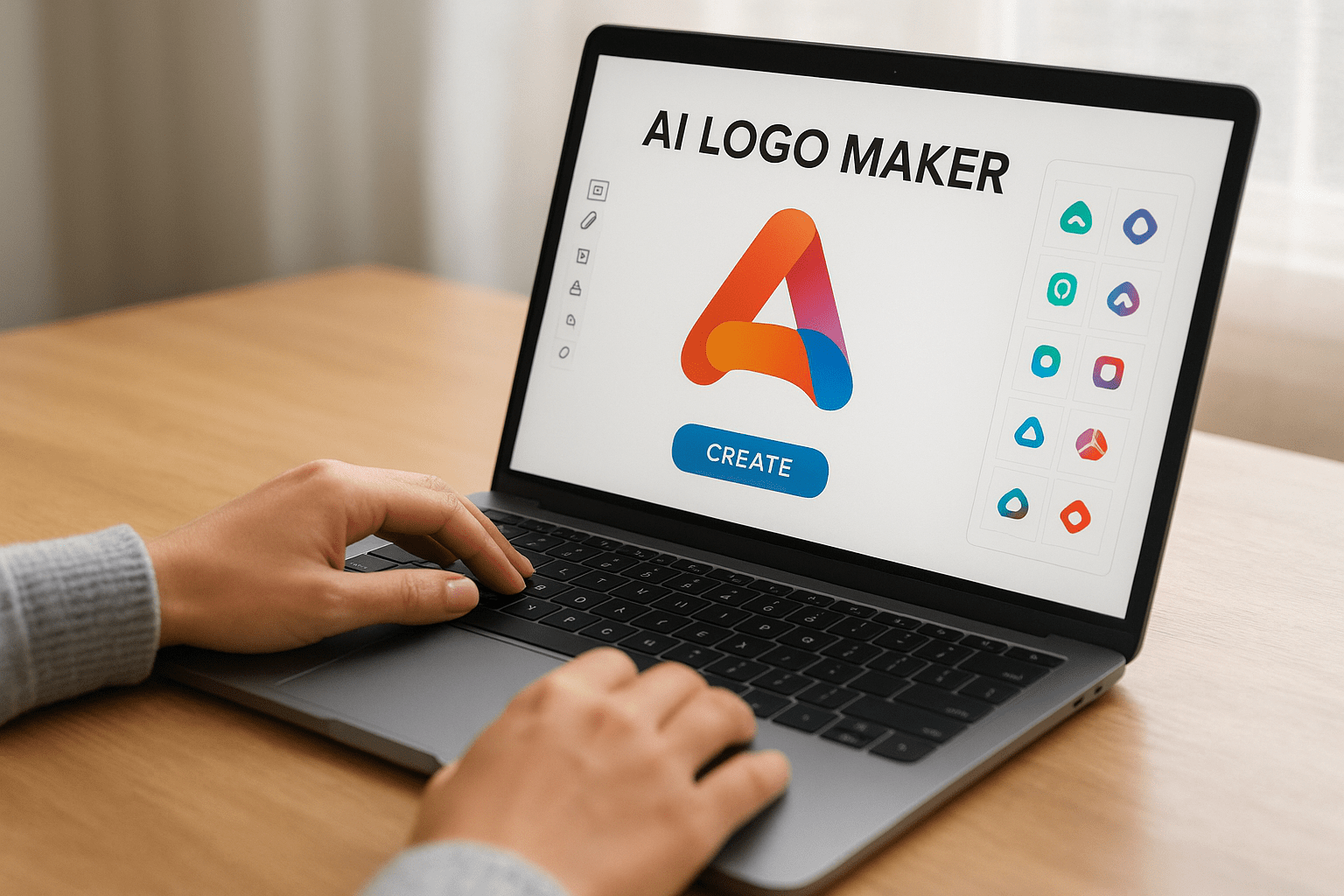 Egy felhasználó keze egy laptop billentyűzetén, AI logó készítő programot használva.