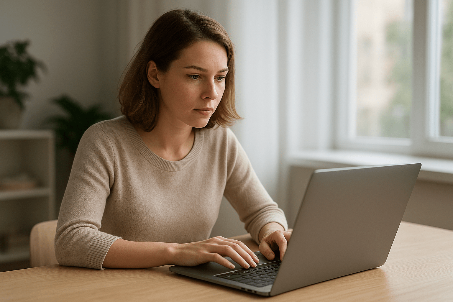 Egy fiatal nő koncentráltan gépel egy laptopon, írás közben.
