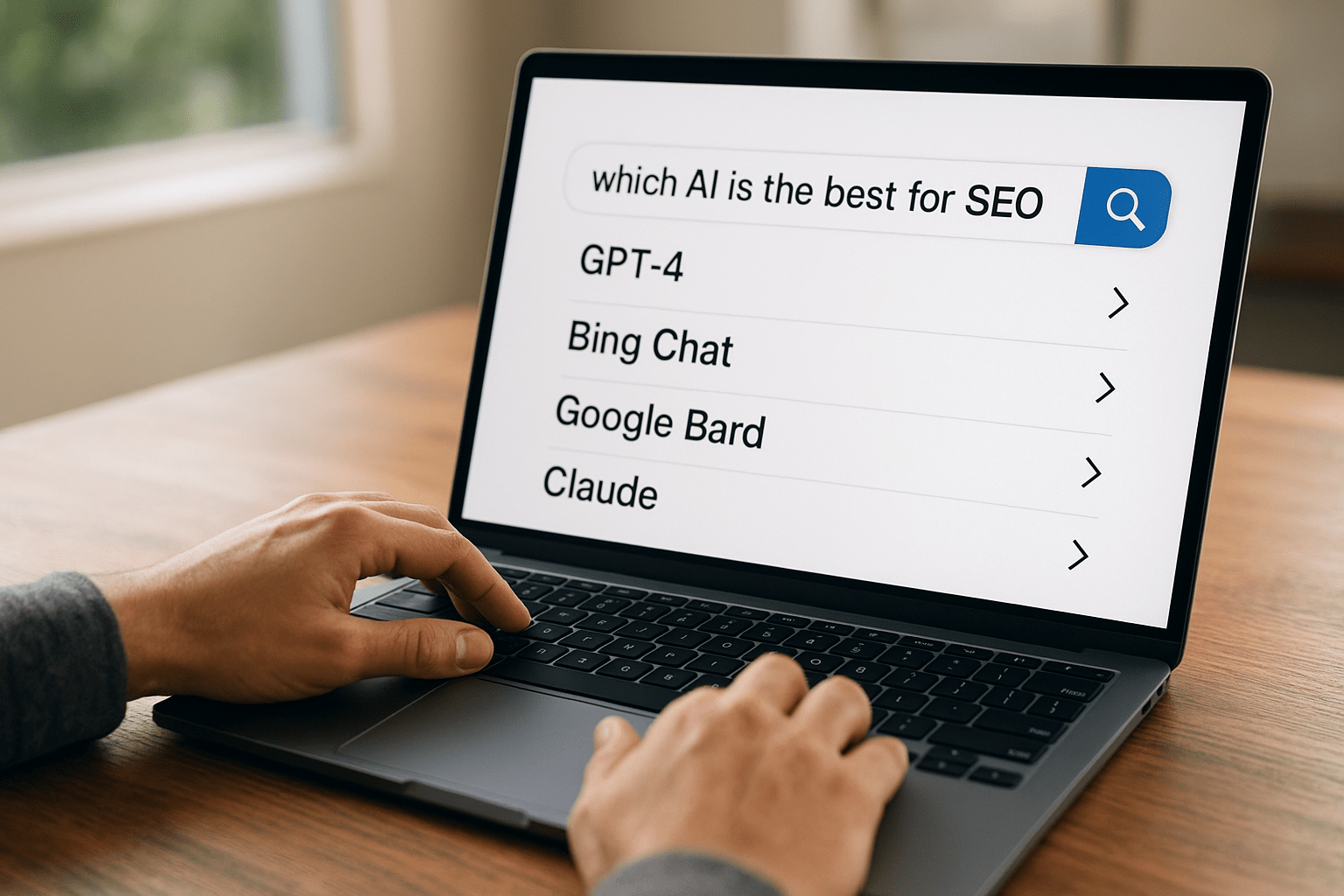 Egy kéz gépel egy laptop billentyűzetén, SEO-ra vonatkozó AI eszközöket keresve.