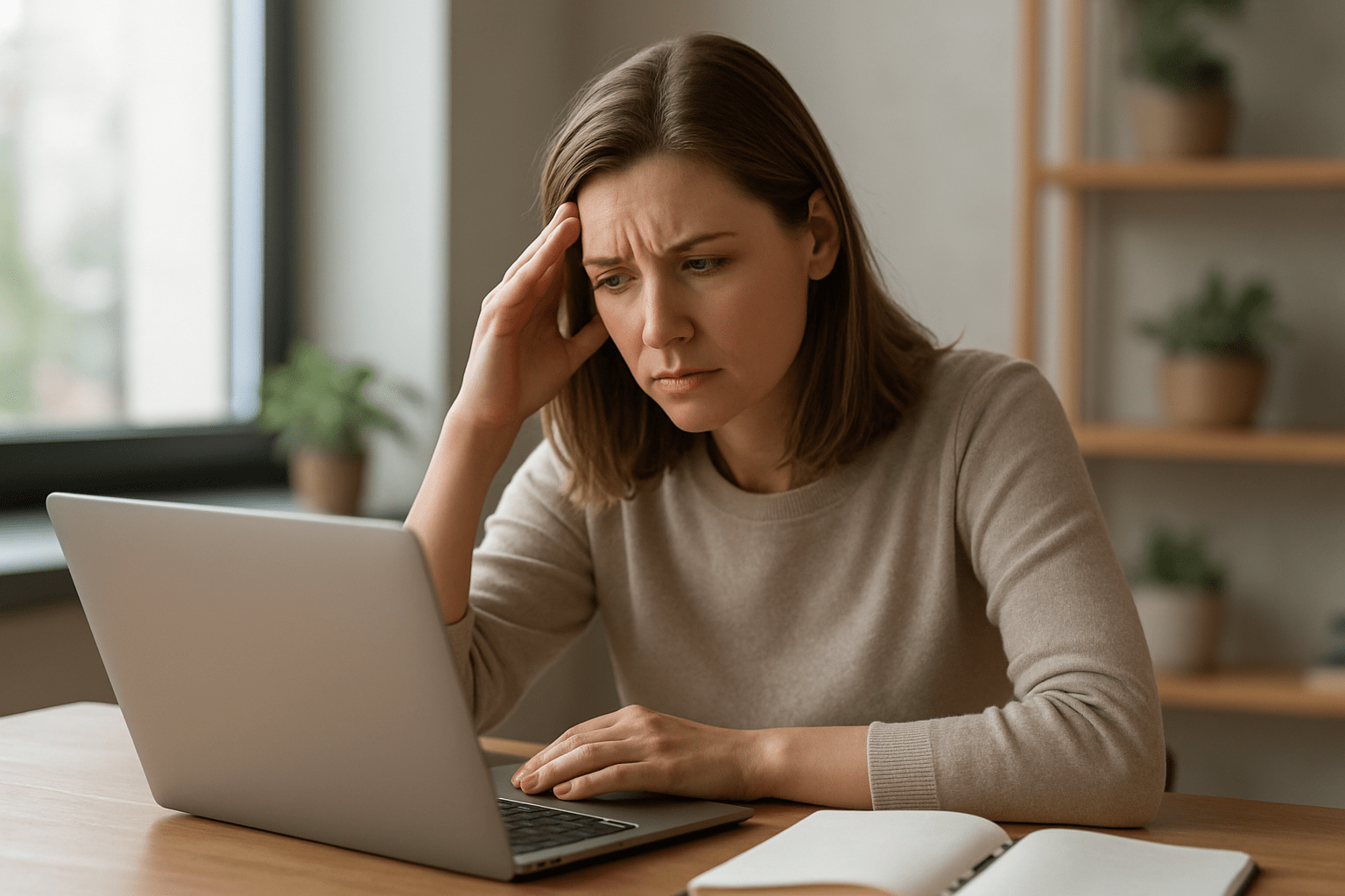 Egy fiatal nő aggódva néz a laptopjára, miközben a blogolás jövőjén töpreng.