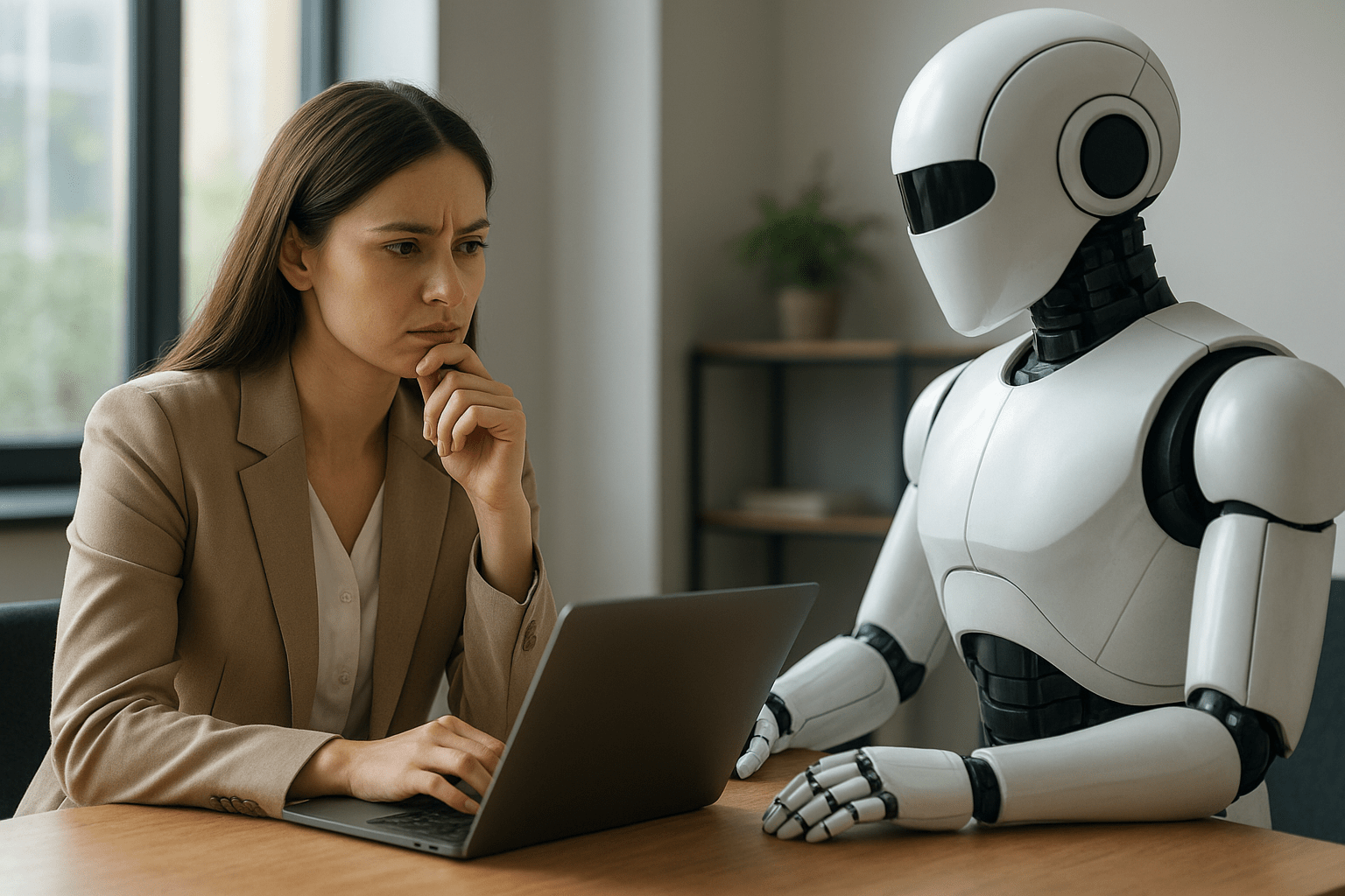 Egy nő és egy robot ülnek egy asztalnál, a nő gondolkodó arckifejezéssel néz a laptopra.