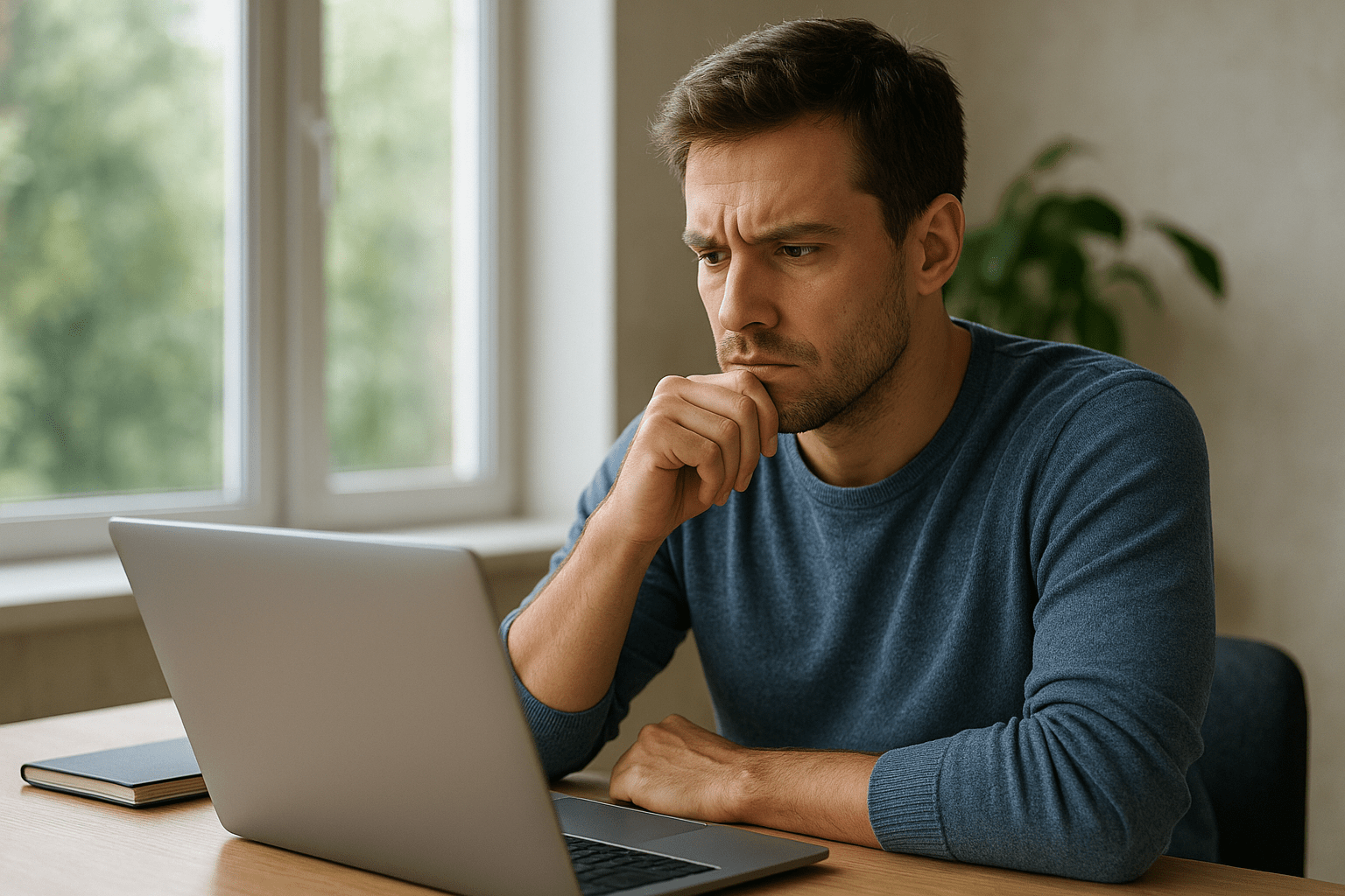 Egy férfi figyelmesen nézi a laptopját, miközben gondolkodik.