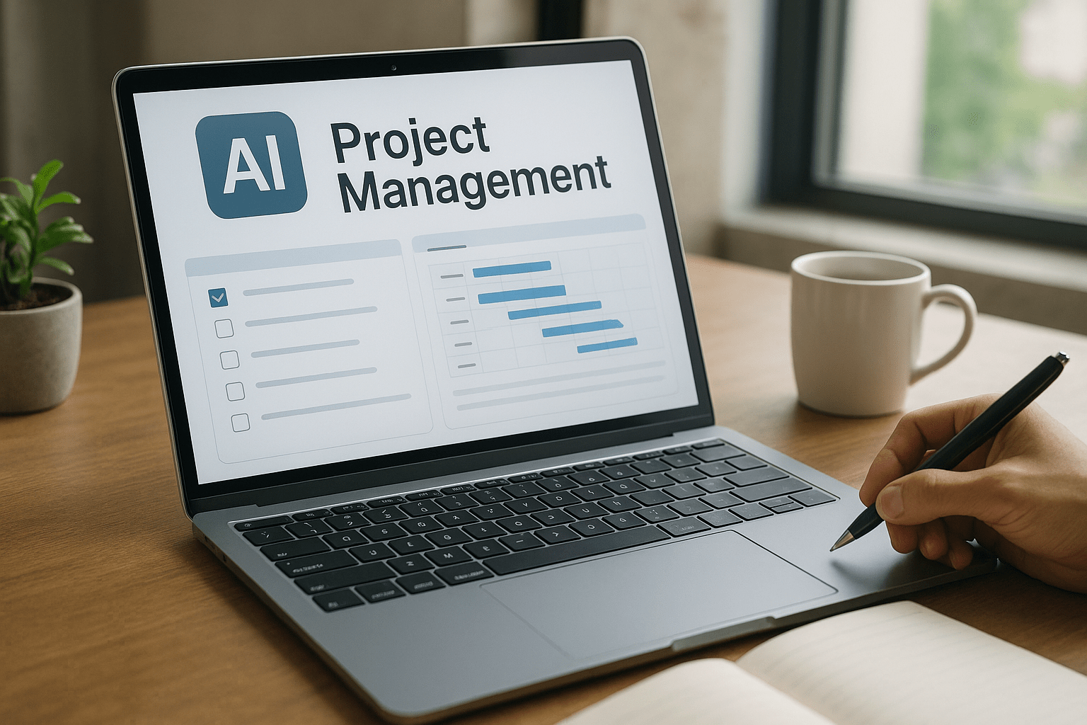 Egy laptop képernyőjén AI projektmenedzsment eszköz látható, mellette jegyzeteléshez használt kéz.