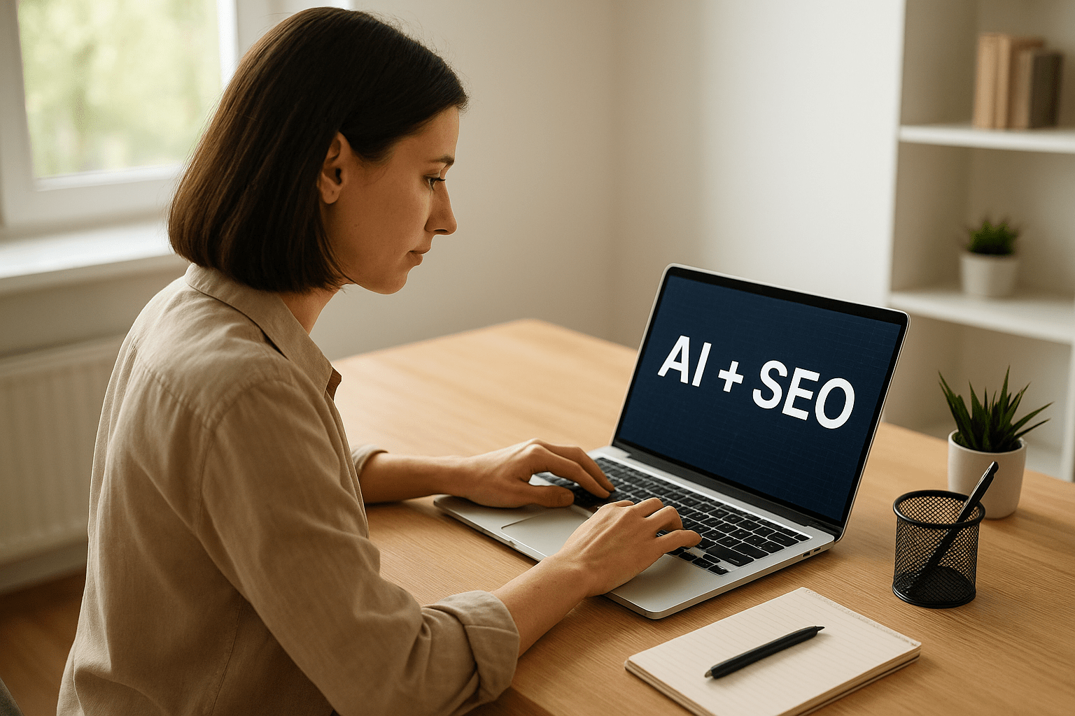 Egy nő dolgozik egy laptopon, amelyen az 'AI + SEO' felirat látható.