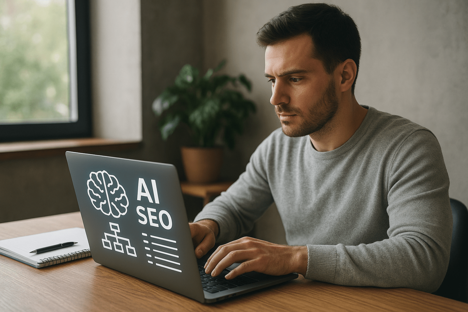 Egy férfi laptopon dolgozik, amelyen az AI SEO és adatstruktúrák láthatók.