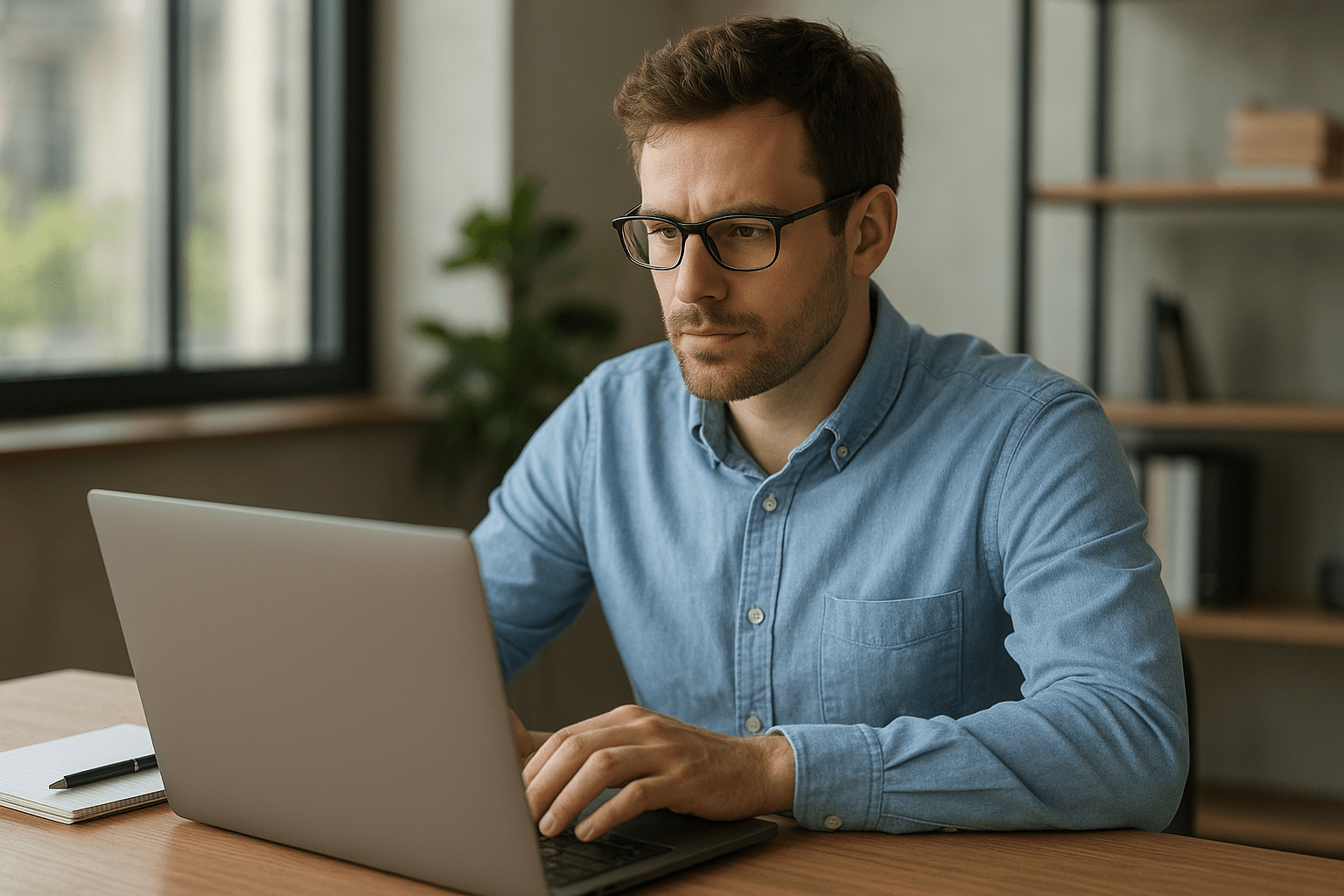 Egy fiatal férfi laptop előtt ül, koncentráltan dolgozik a digitális marketing területén.