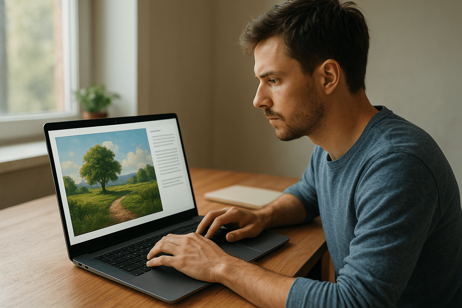 Egy férfi figyelmesen nézi a laptopján megjelenő tájképet.
