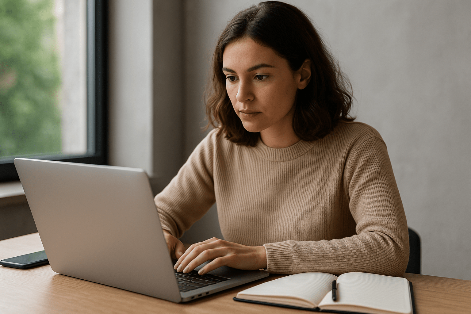 Egy fiatal nő a laptopján dolgozik, jegyzetfüzettel az asztalon.