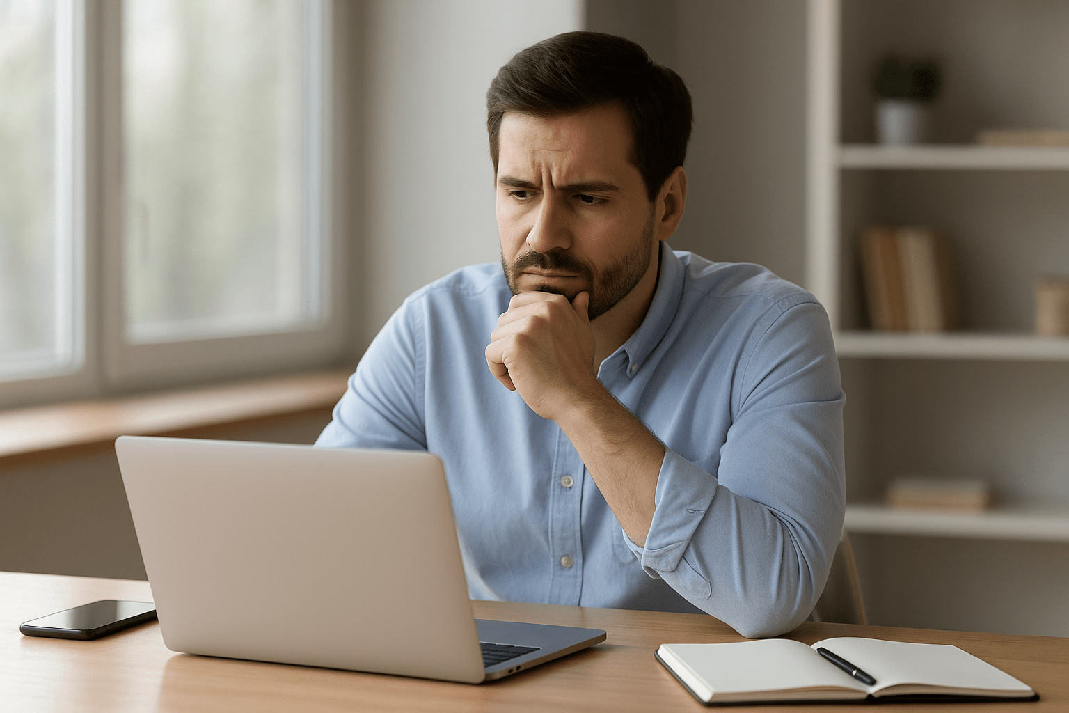 Egy férfi gondolkodva néz egy laptop képernyőjére, miközben jegyzetel.