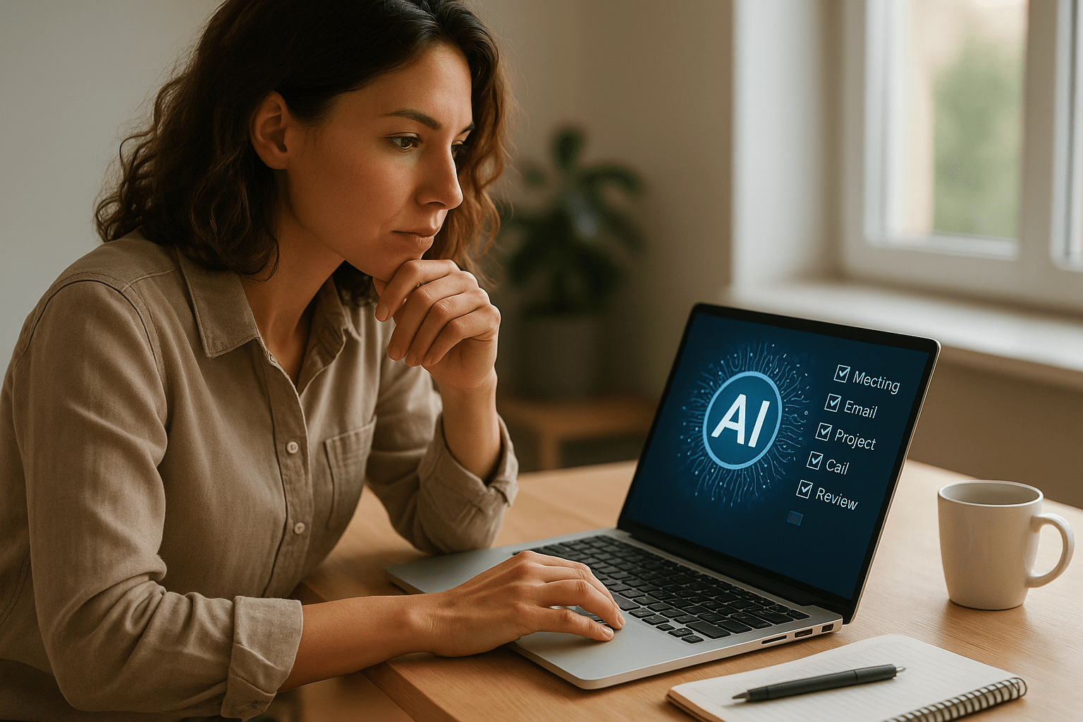 Egy nő figyelmesen nézi a laptopját, amelyen az AI időgazdálkodási feladatok láthatók.