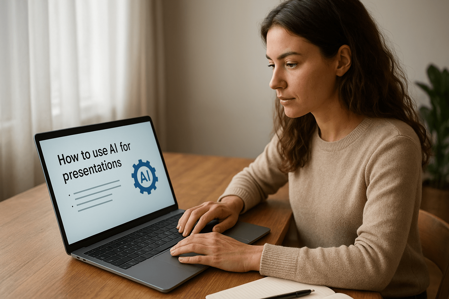 Egy nő laptopon dolgozik, amelyen az AI prezentációkhoz való használatáról van szó.