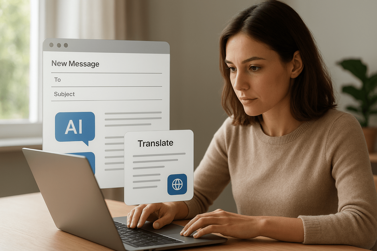 Egy nő laptop előtt ül, AI-alapú fordítóeszközt használva e-mail írásához.