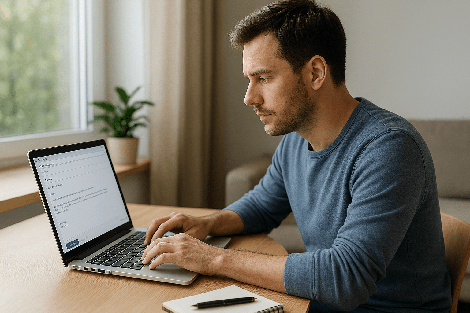 Egy férfi laptopon e-mailt ír, miközben figyelmesen nézi a képernyőt.