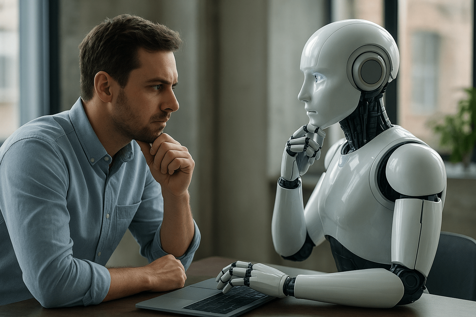 Egy férfi és egy humanoid robot ülnek egy asztalnál, mélyen gondolkodva.