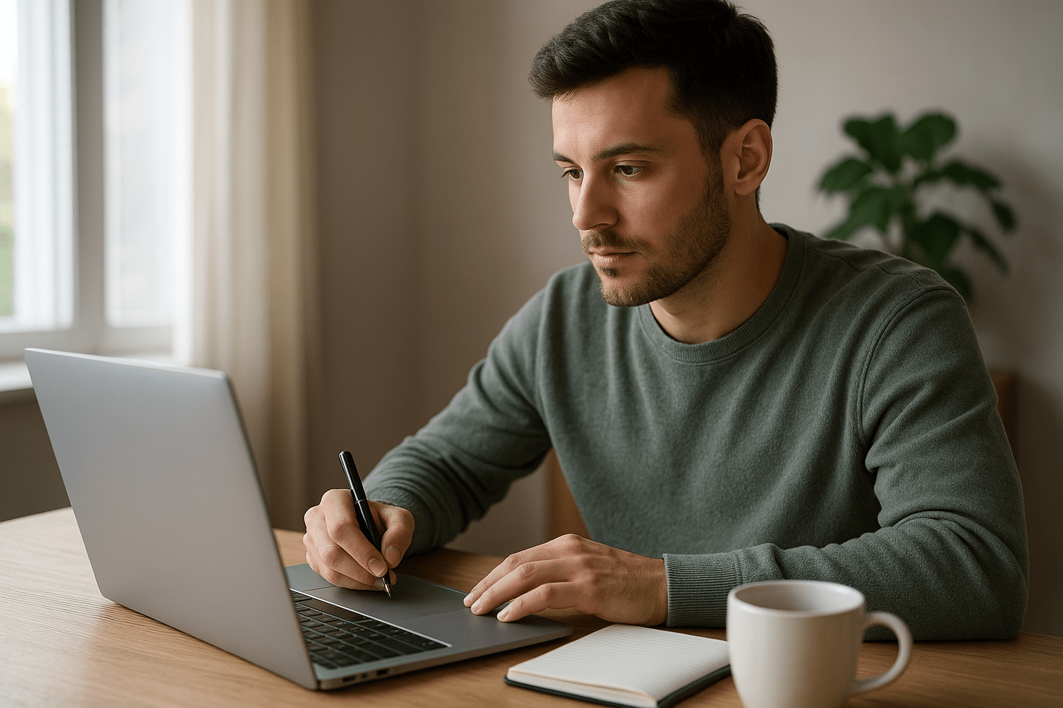 Egy fiatal férfi laptop előtt ül, jegyzetel és koncentrál a munkájára.