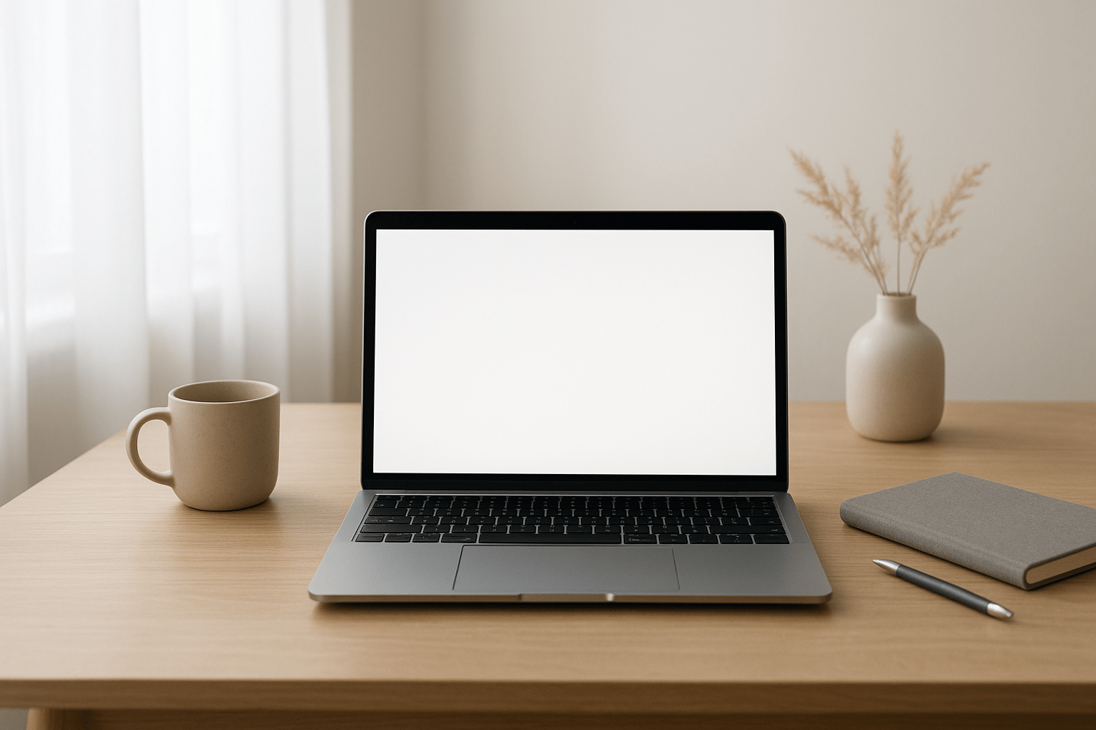 Egy üres képernyőjű laptop, mellette egy bögre és egy jegyzetfüzet.