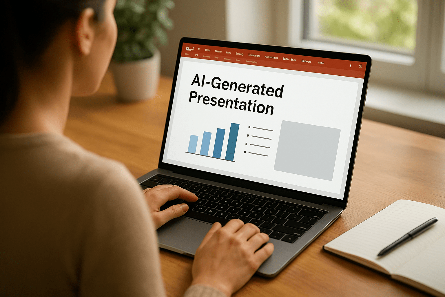 Egy személy laptopján AI által generált prezentáció látható grafikonokkal.