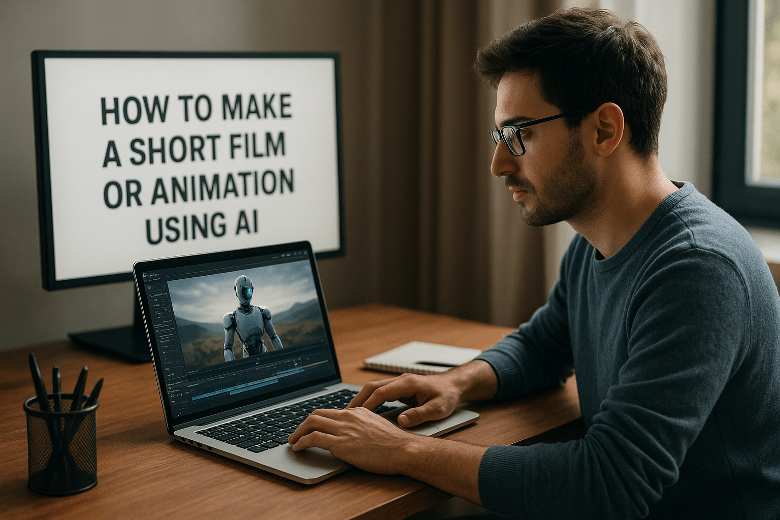 Egy fiatal férfi dolgozik laptopján, AI animációt szerkesztve.
