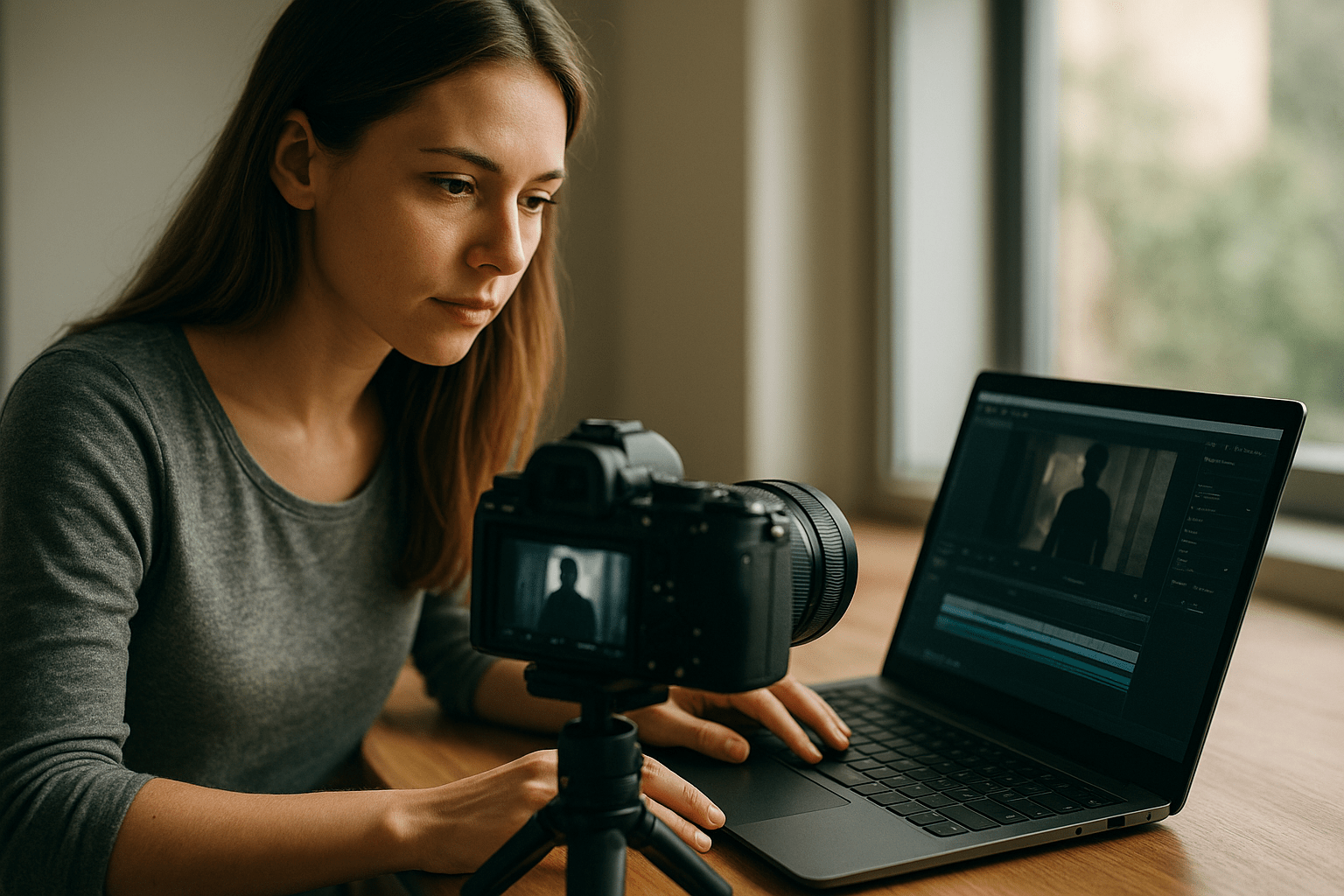 Egy fiatal nő videószerkesztés közben figyeli a laptopját és a kamerát.