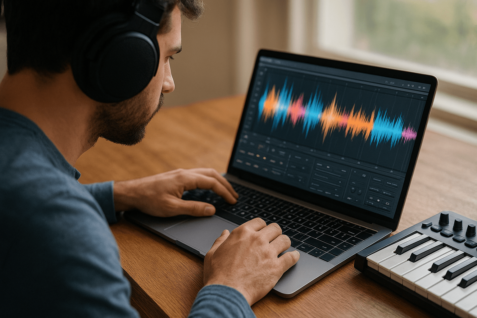 Egy férfi fülhallgatóban zenét remixel egy laptopon, digitális hangszerkesztő szoftverrel.