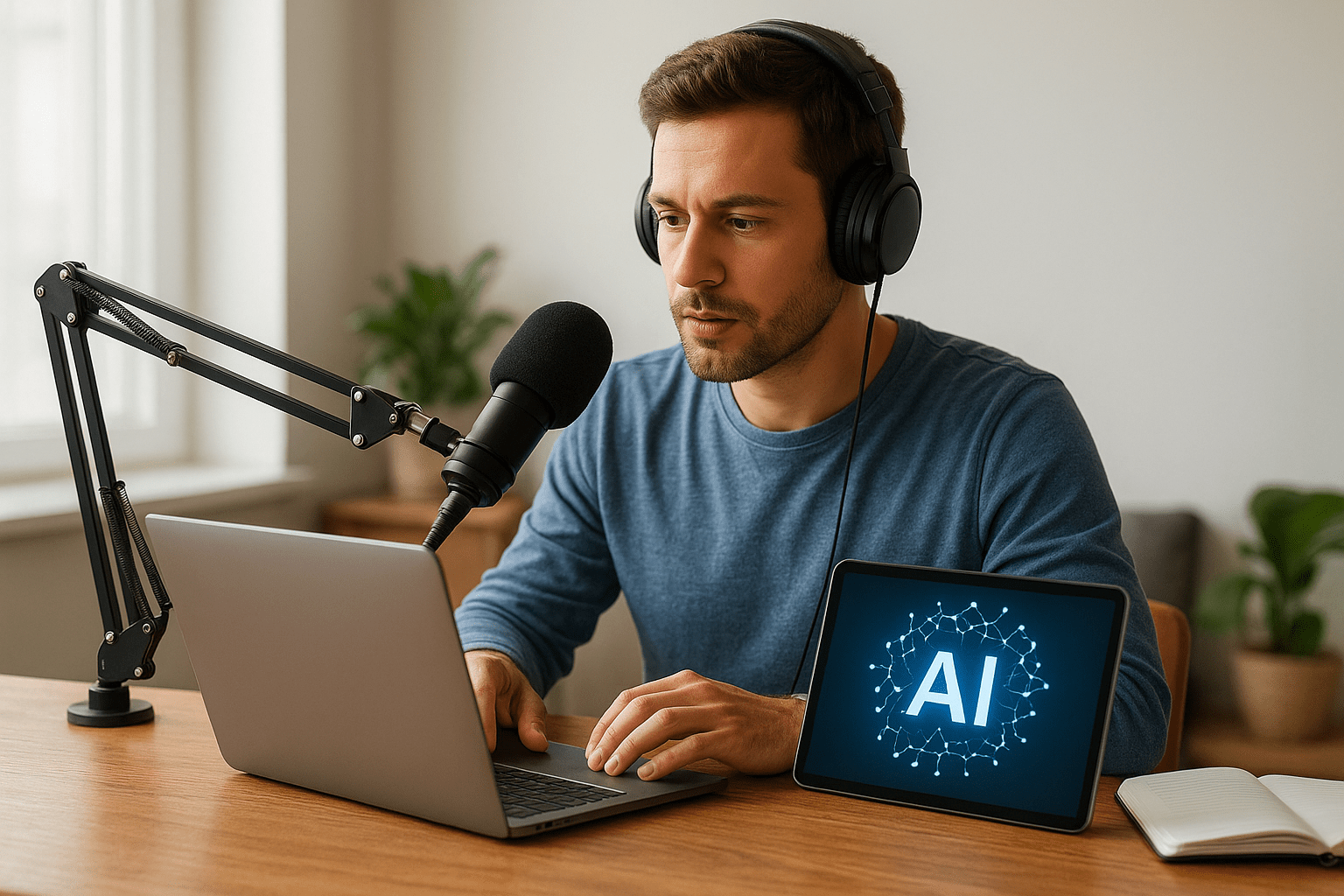 Egy férfi podcastot készít, miközben AI témájú grafikát néz a táblagépén.