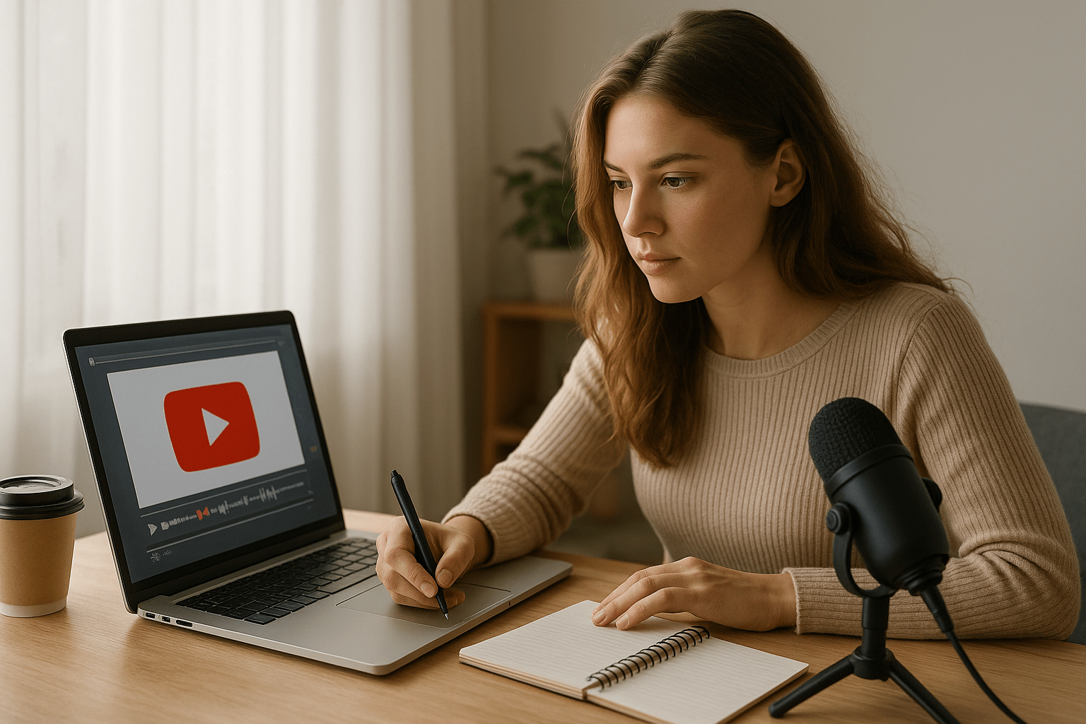 Egy fiatal nő jegyzetel a laptop előtt, YouTube videó szerkesztés közben.