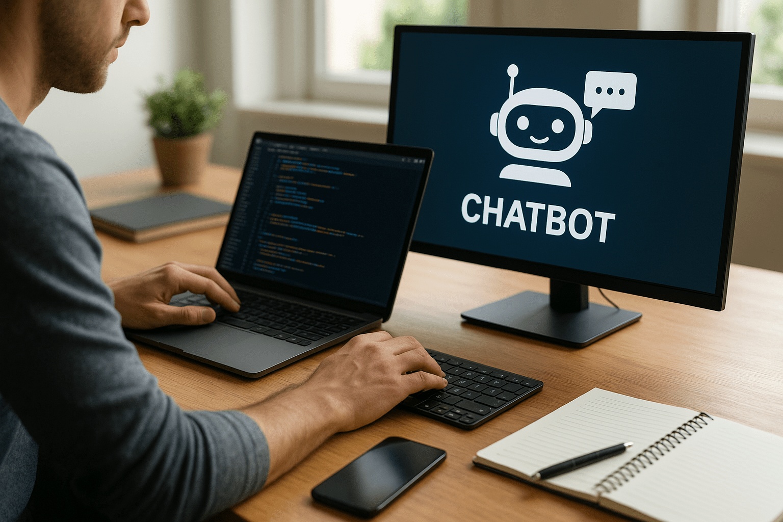 Egy programozó laptopján kódot ír, miközben egy chatbot logó látható a monitoron.