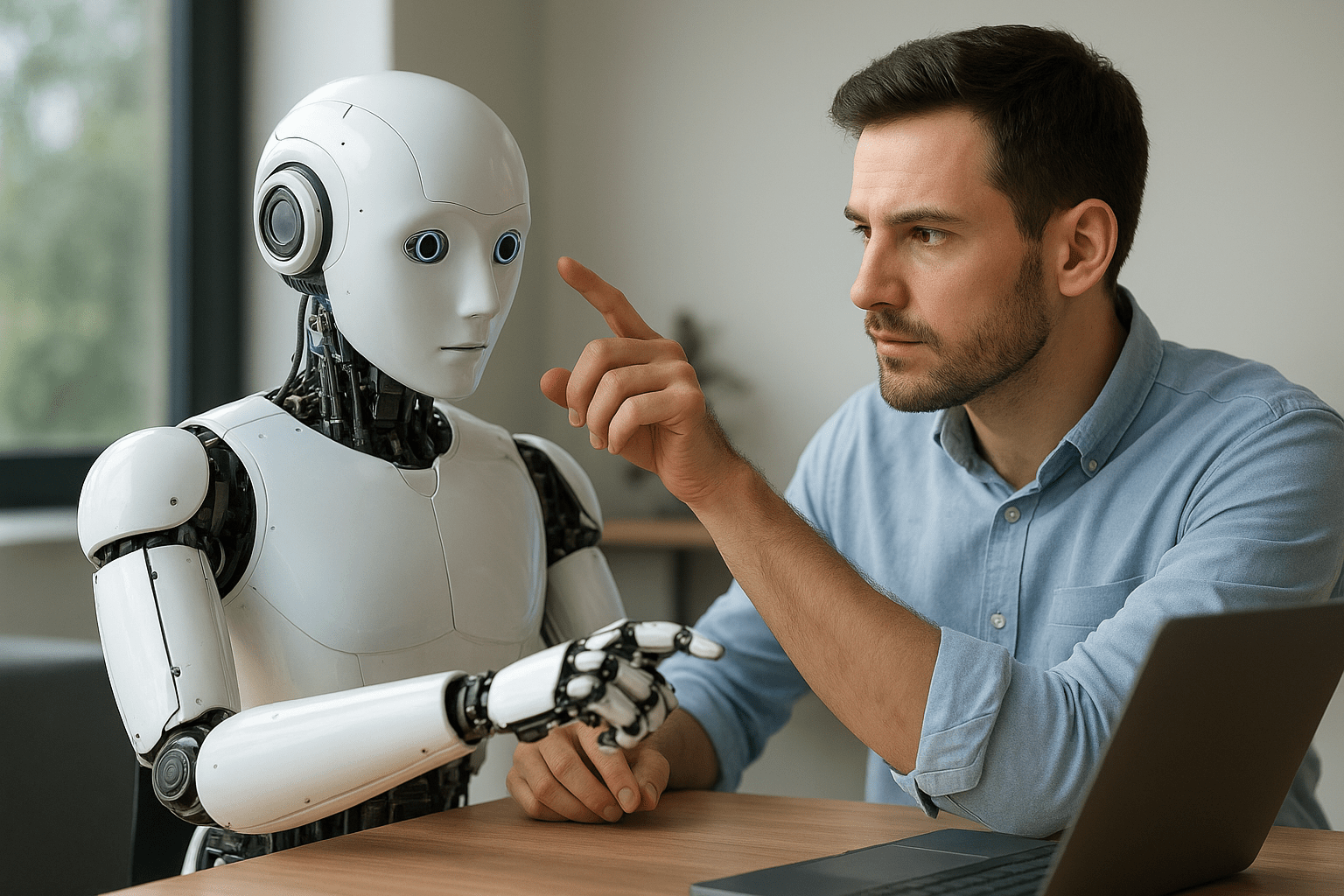 Egy férfi interakcióba lép egy humanoid robotral, amely figyelmesen néz rá.
